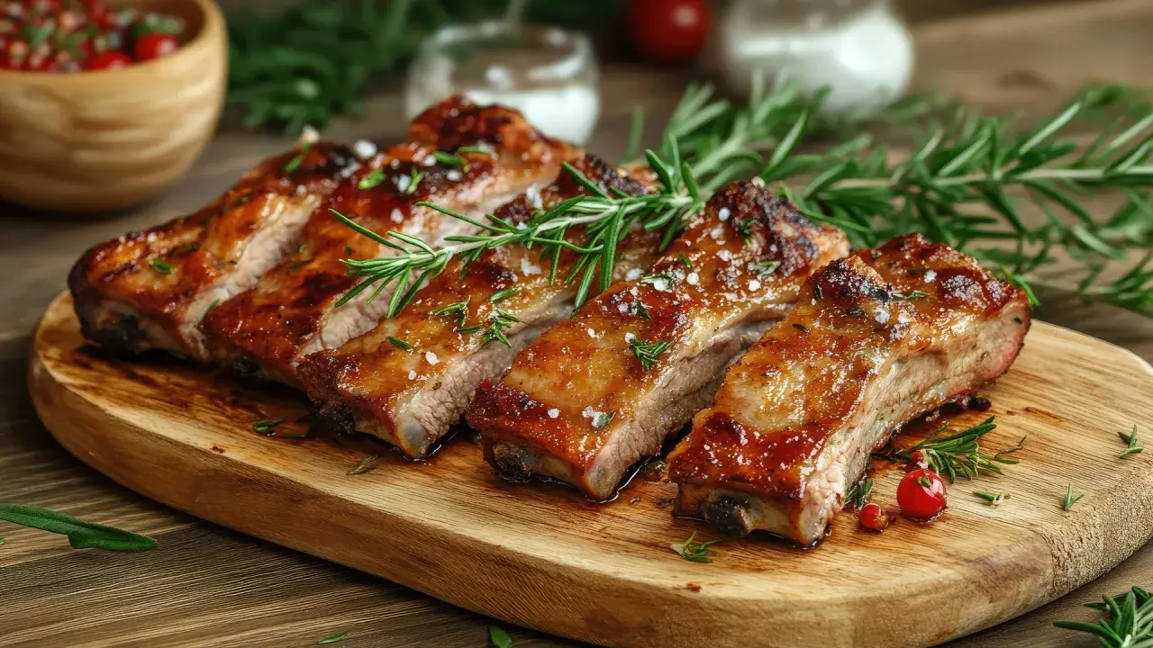 Costillas de cerdo glaseadas y jugosas, adornadas con romero fresco y sal gruesa, servidas en una tabla de madera.