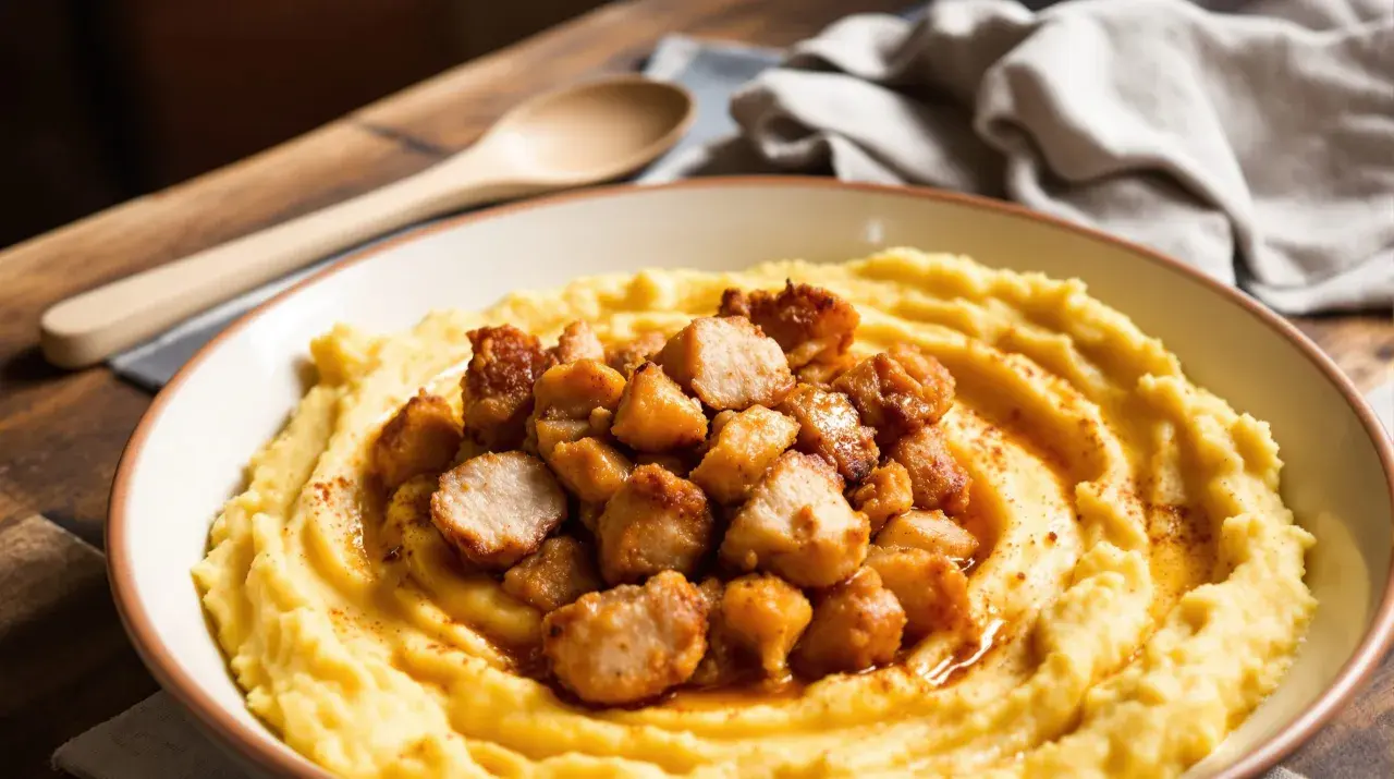 Patatas revolconas cremosas con trocitos de carne dorada, espolvoreadas con pimentón. Un plato reconfortante listo para disfrutar.