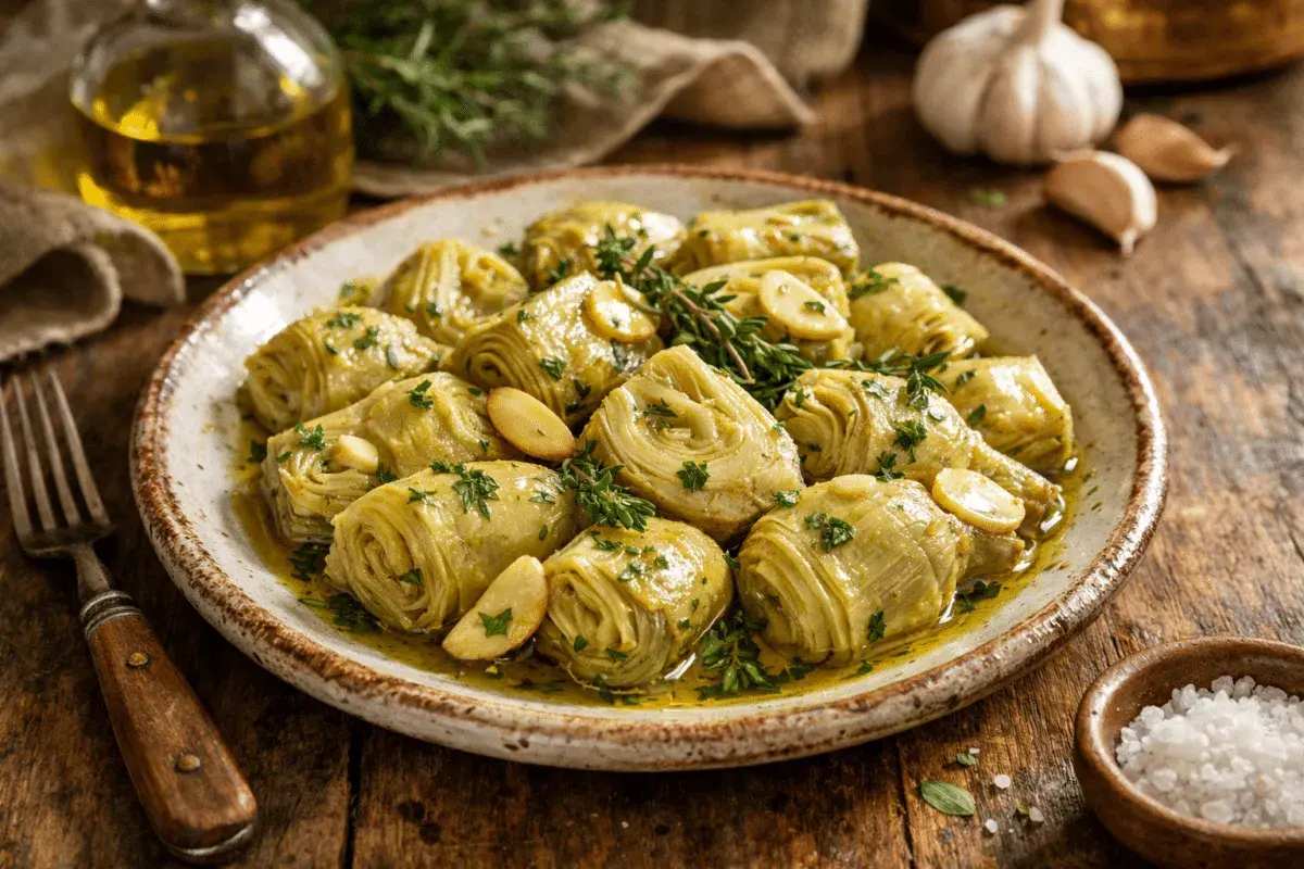 Plato rústico con alcachofas confitadas, tiernas y doradas, bañadas en aceite de oliva y hierbas frescas.