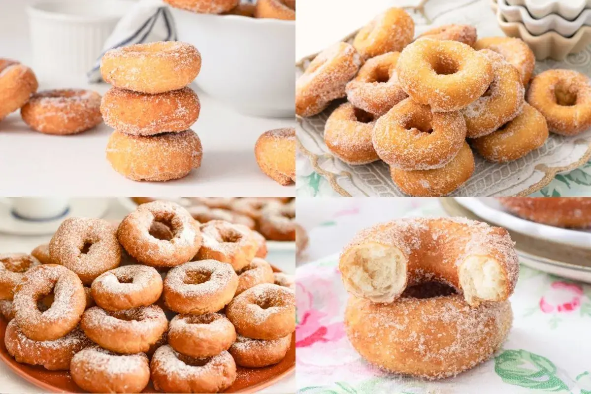 Montaje de rosquillas caseras, perfectas para aprender como hacer rosquillas. Doradas, azucaradas y esponjosas.