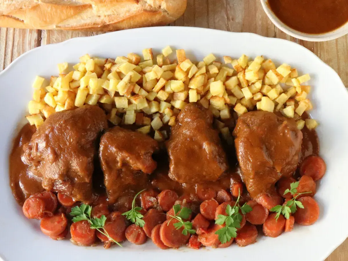 Delicioso jarrete de ternera estofado, acompañado de patatas fritas crujientes y zanahorias en rodajas.