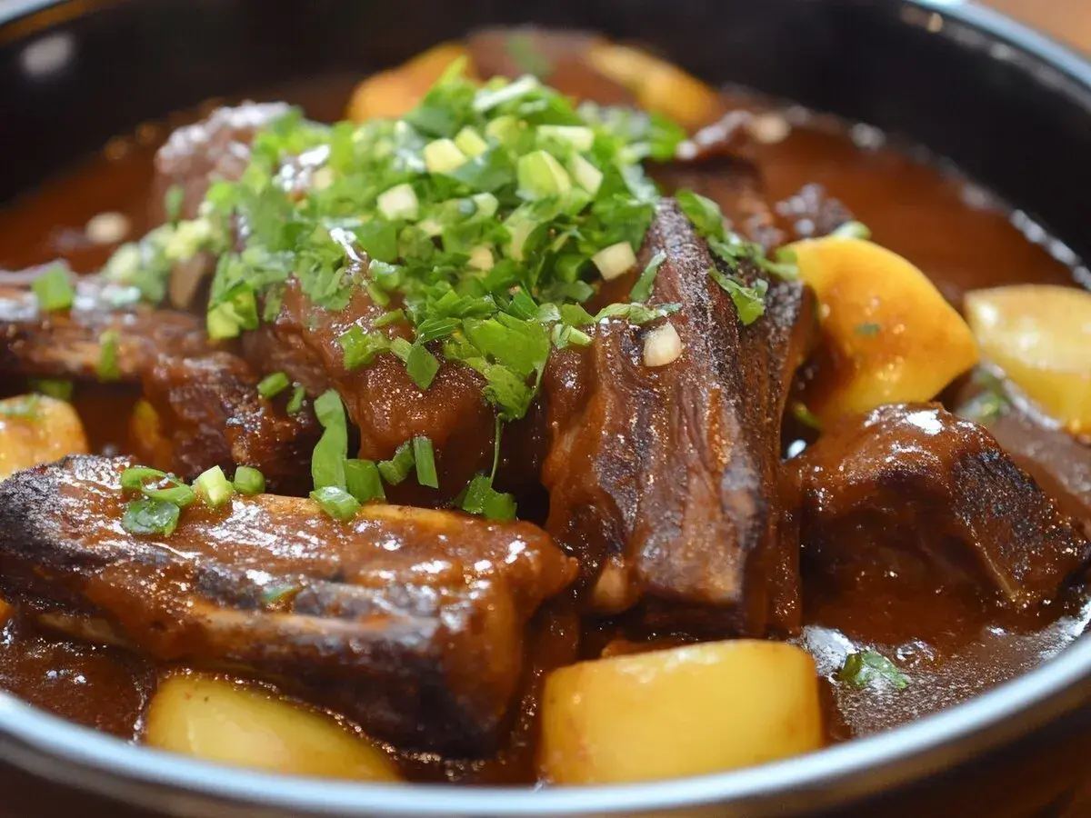 Patatas con costillas estofadas en salsa oscura, cubiertas con cebolleta picada. Un plato reconfortante y sabroso.