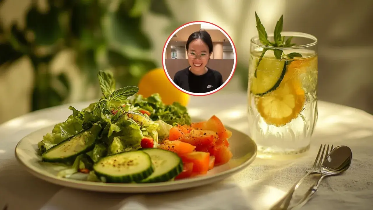 Una mujer sonríe mientras disfruta de una refrescante ensalada de pepino y una bebida con limón y pepino.