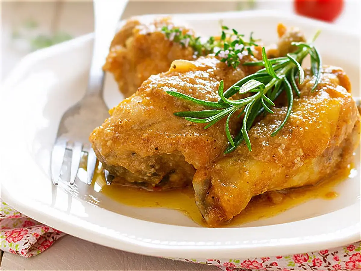 Pollo en salsa de la abuela, jugoso y dorado, servido en plato blanco con romero fresco. Un clásico casero.