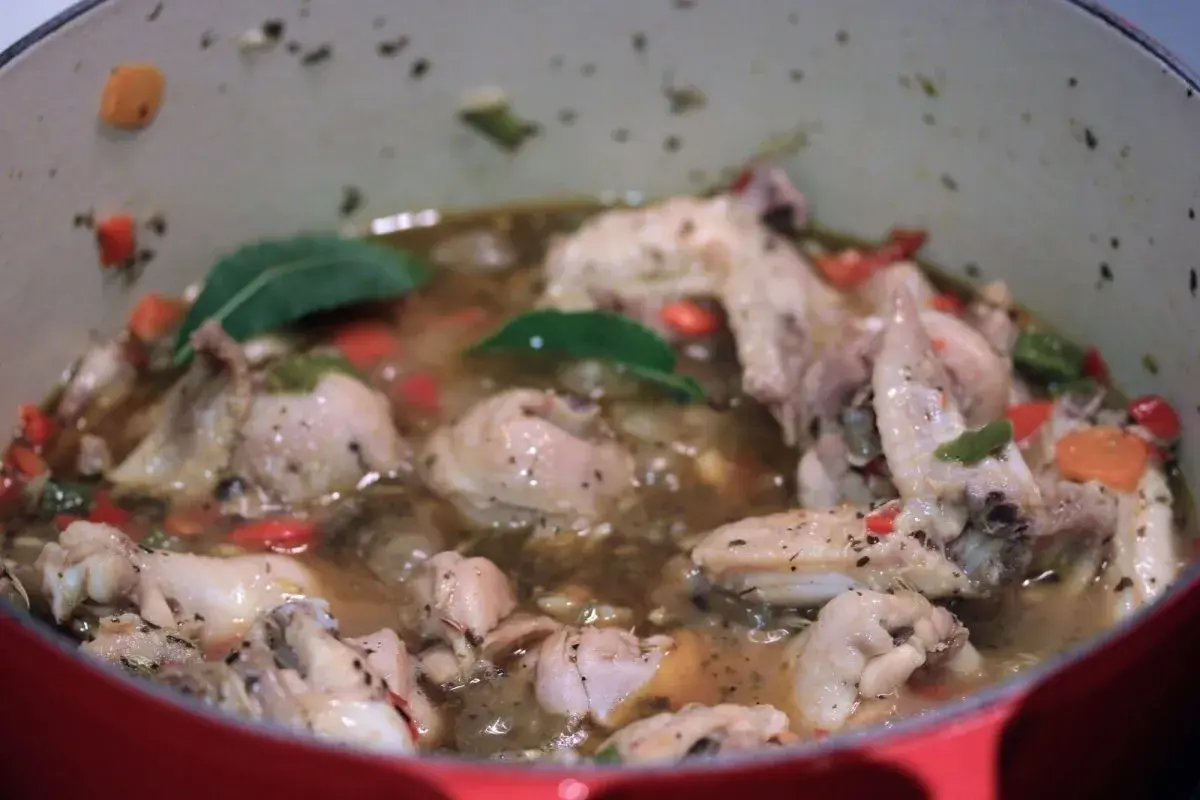 Un delicioso estofado de pollo burbujea en una olla roja, con trozos de pollo, zanahorias y pimientos.