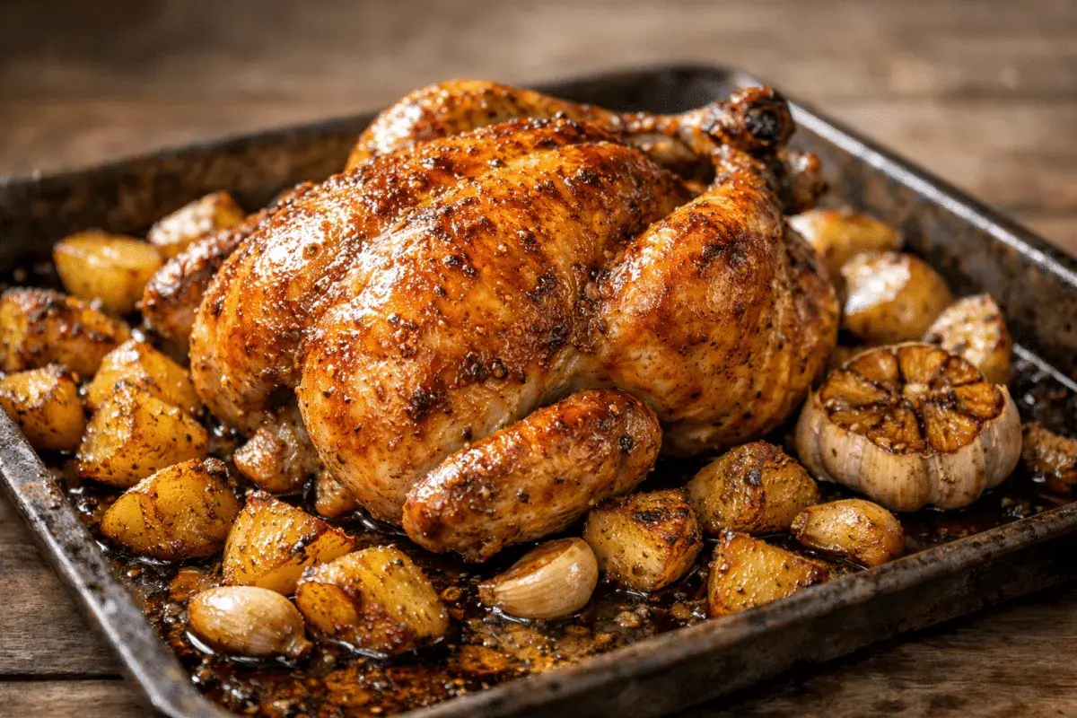 Pollo al horno dorado y jugoso, acompañado de patatas rústicas y ajos asados en una bandeja metálica.