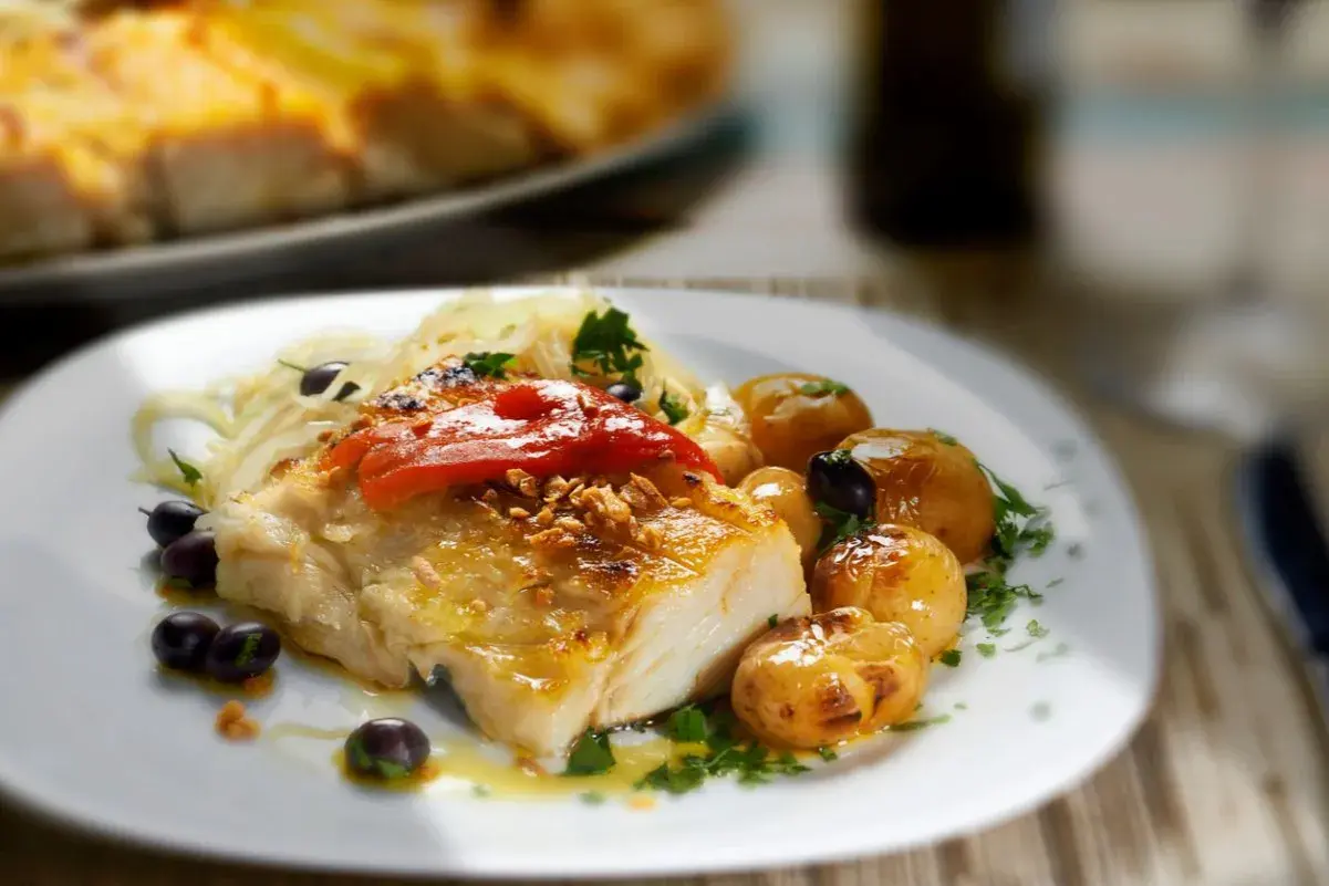 Filete de bacalao skrei asado con patatas, aceitunas y pimientos rojos.