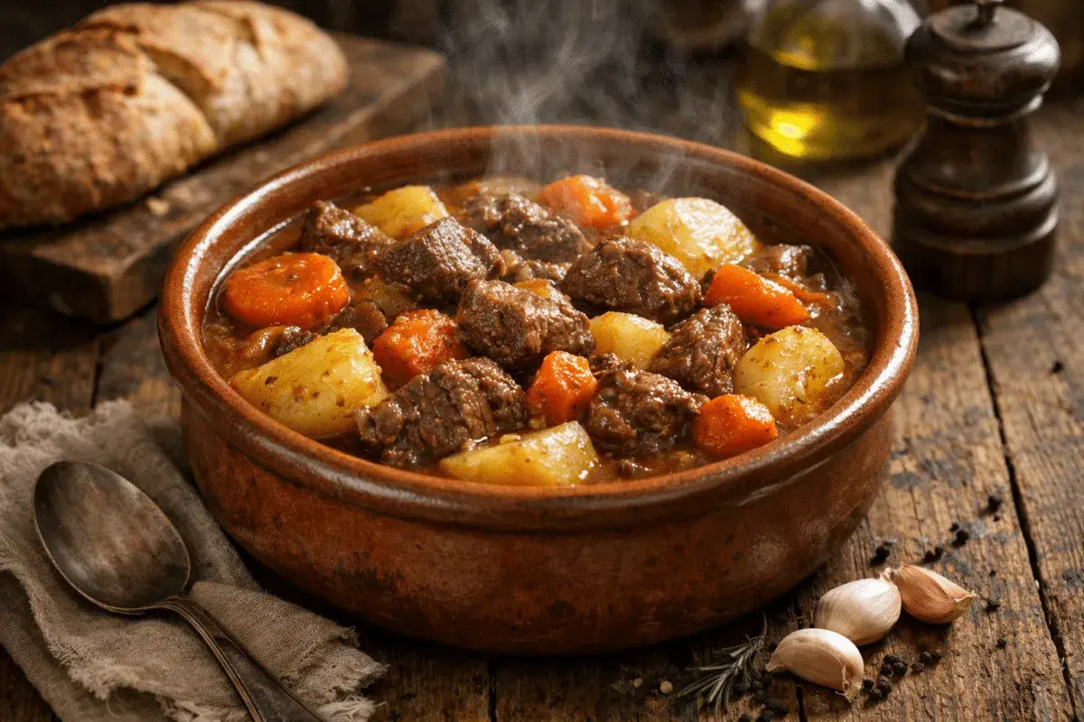 Un humeante estofado de ternera con patatas y zanahorias en una cazuela de barro, listo para ser servido con pan rústico.