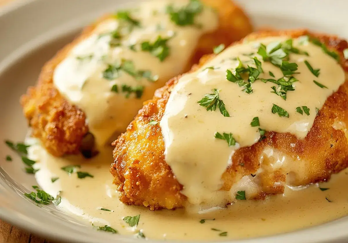 Dos pechugas villaroy doradas y crujientes, cubiertas con una cremosa salsa bechamel y perejil picado.