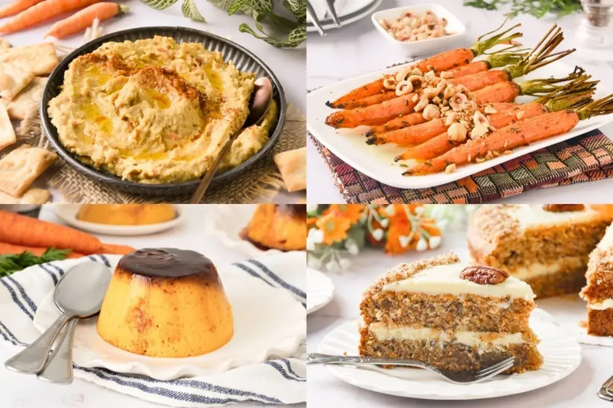 Hummus, zanahorias asadas, flan y pastel de zanahoria. ¡Deliciosas recetas con zanahoria para todos los gustos!