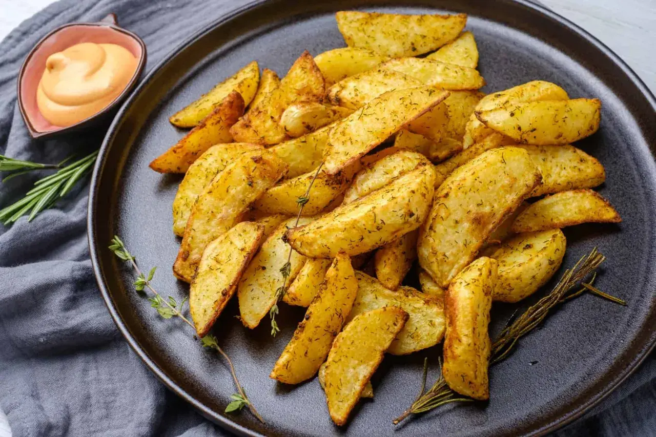 Patatas fritas al horno doradas y crujientes, sazonadas con hierbas, servidas en un plato oscuro con una salsa cremosa y romero fresco.