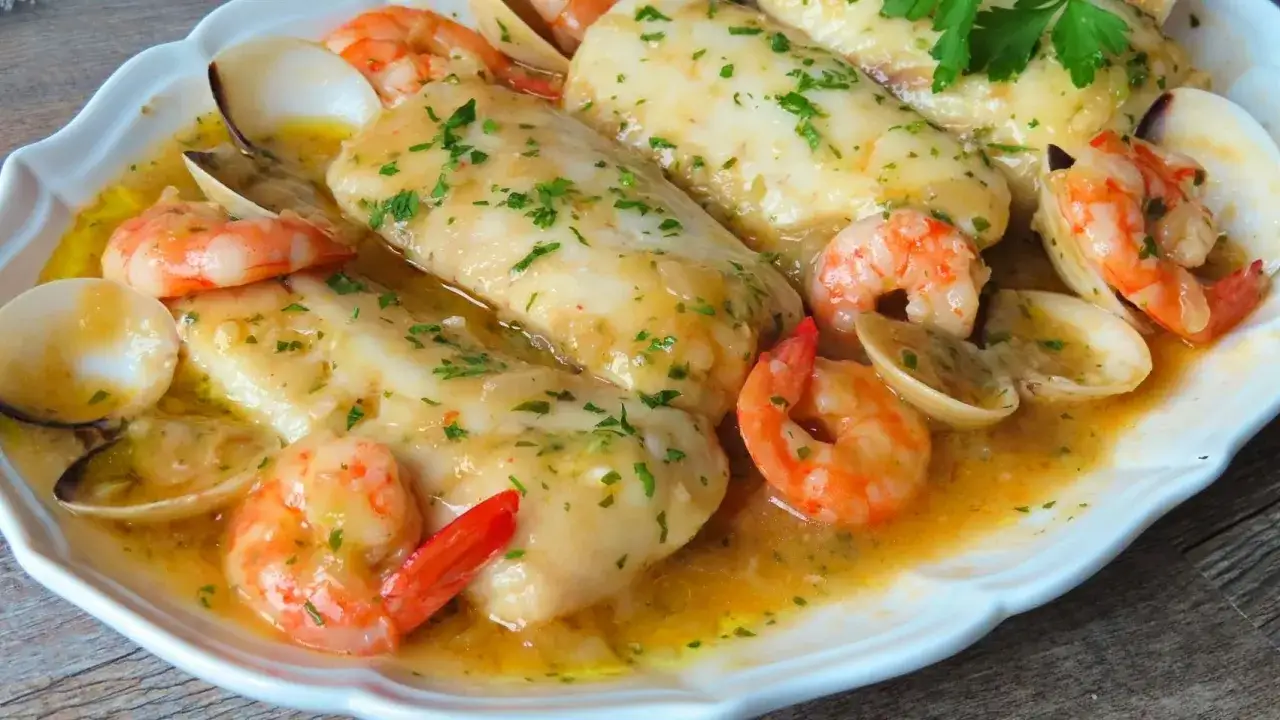 Merluza a la marinera con gambas y almejas, un plato delicioso bañado en salsa.