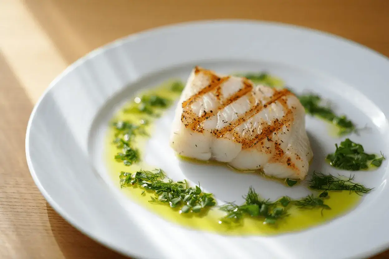 Delicioso bacalao a la plancha, con marcas doradas y servido sobre un plato blanco con aceite de oliva y hierbas frescas.
