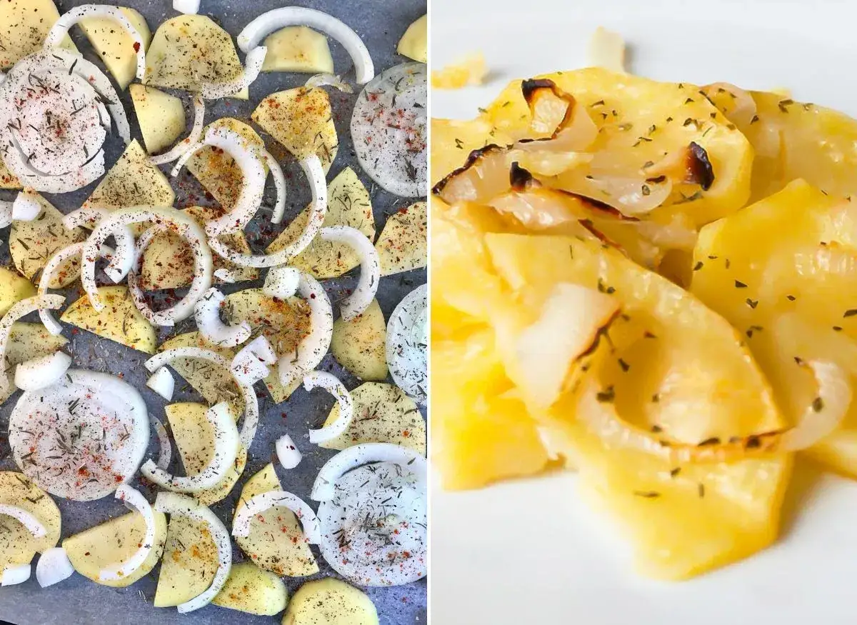 Patatas panaderas listas para hornear, cortadas y sazonadas, junto a un plato de patatas panaderas ya cocinadas, doradas y aromáticas.