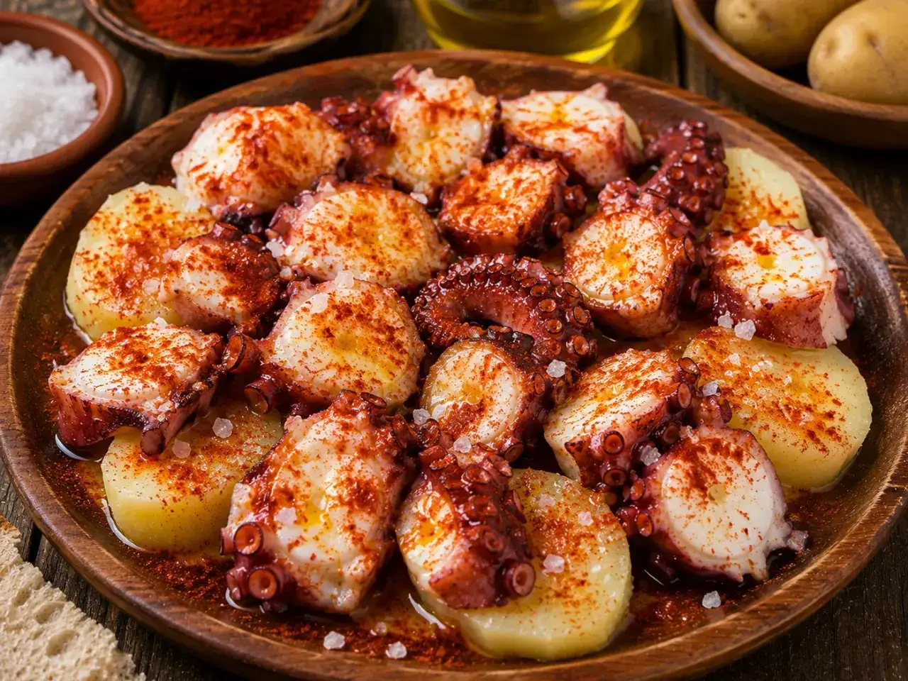 Pulpo a la gallega servido en plato de madera, con patatas cocidas y espolvoreado con pimentón y sal.