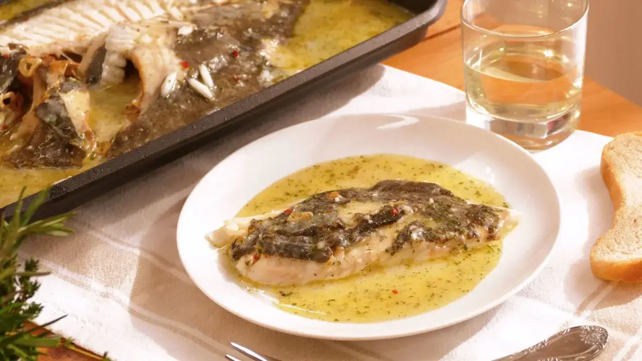 Un delicioso rodaballo a la plancha bañado en salsa, servido en un plato blanco junto a una copa de vino y pan.