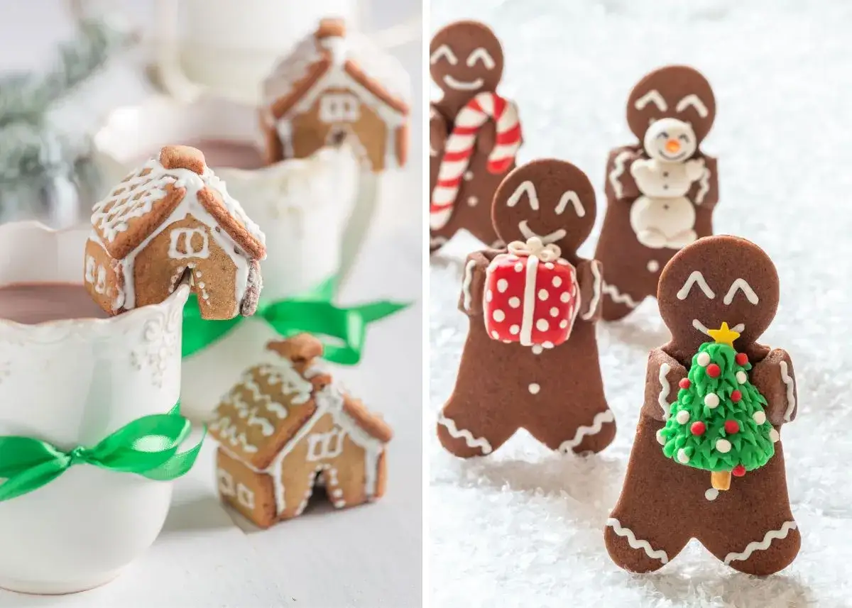Casitas y hombres de galletas de jengibre decorados con glaseado blanco y detalles festivos, listos para la Navidad.