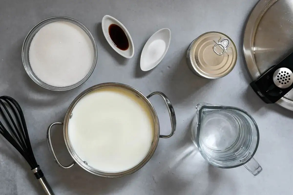 Ingredientes listos para la dulce de leche receta: leche, azúcar, vainilla, sal y leche condensada.