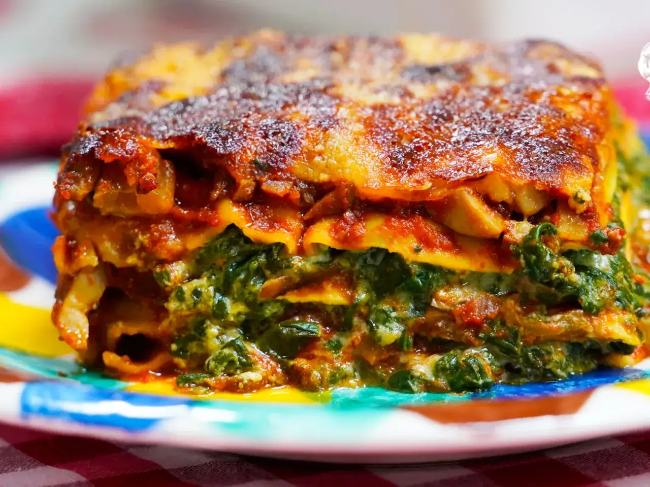 Porci&oacute;n de lasa&ntilde;a de verduras, con capas de pasta, espinacas y salsa de tomate, servida en un plato colorido.