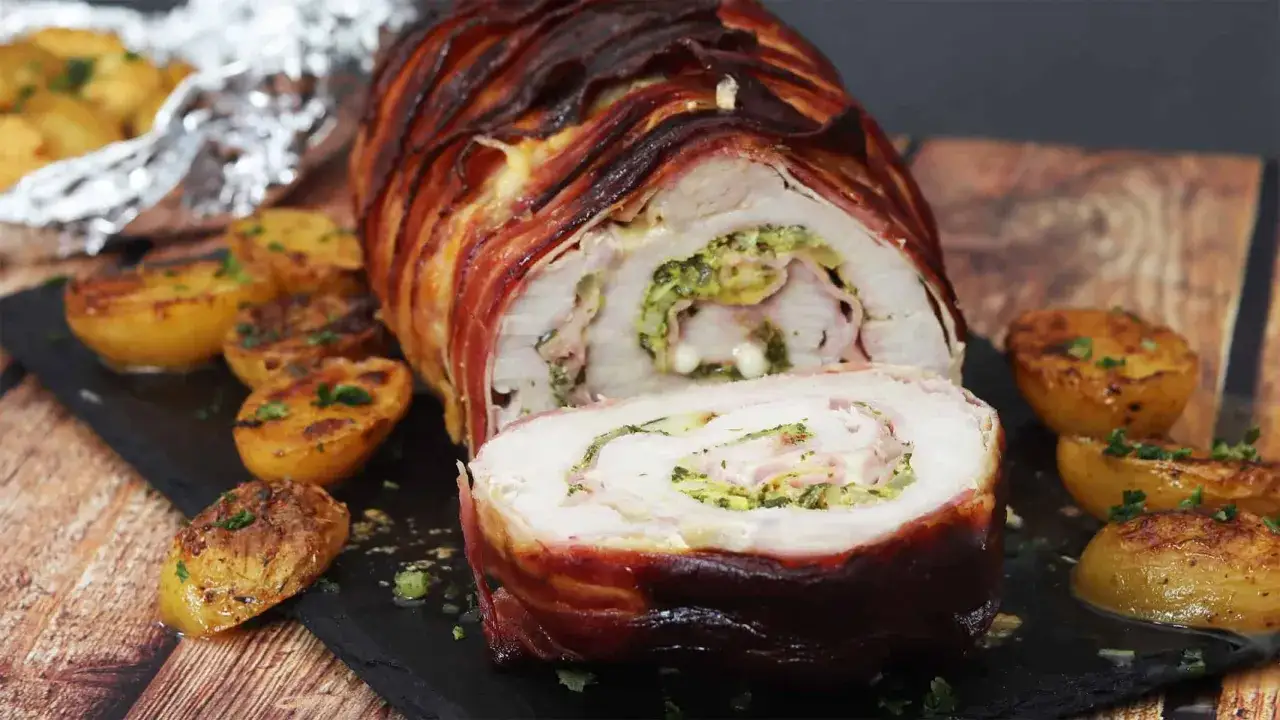 Deliciosos libritos de lomo de cerdo envueltos en tocino, rellenos de espinacas y queso, acompa&ntilde;ados de patatas asadas.