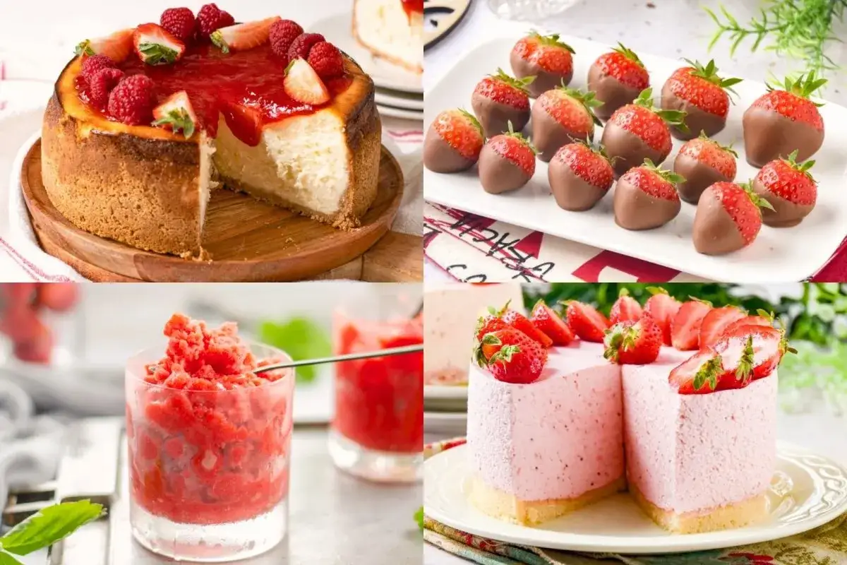 Un collage de postres con fresas: tarta de queso, fresas bañadas en chocolate, granizado y pastel de mousse.