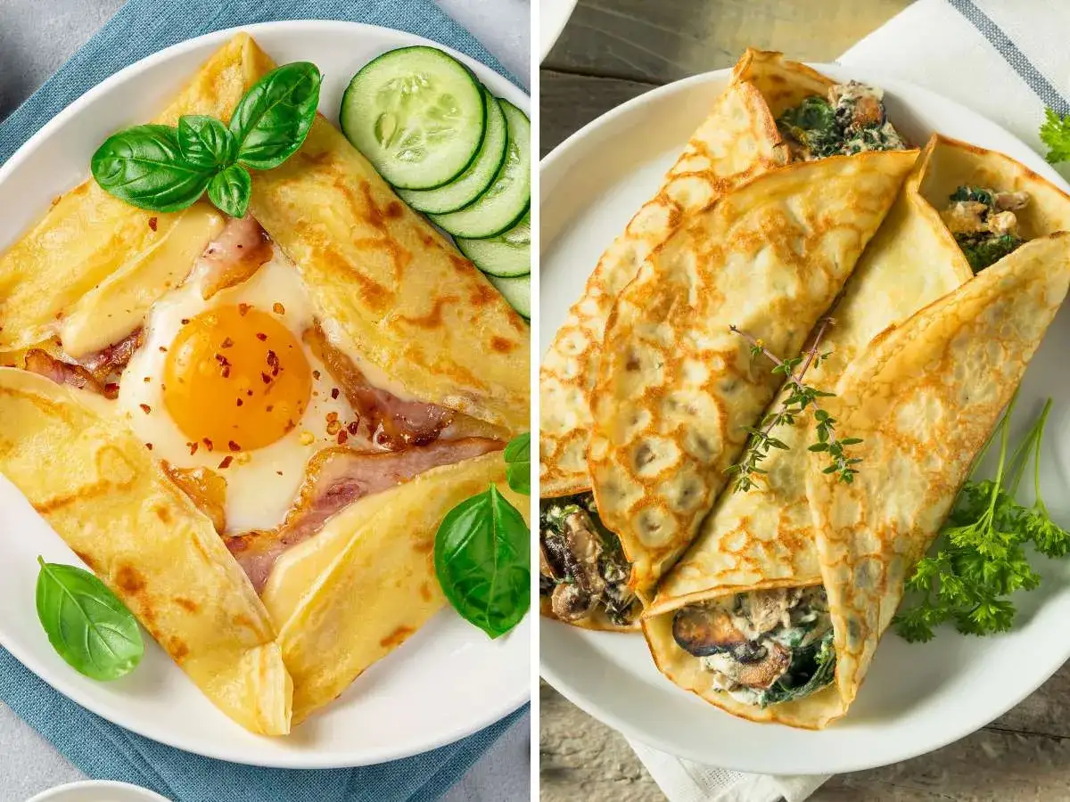 Dos crepes salados: uno con huevo, queso y jamón, y otro relleno de espinacas y champiñones.