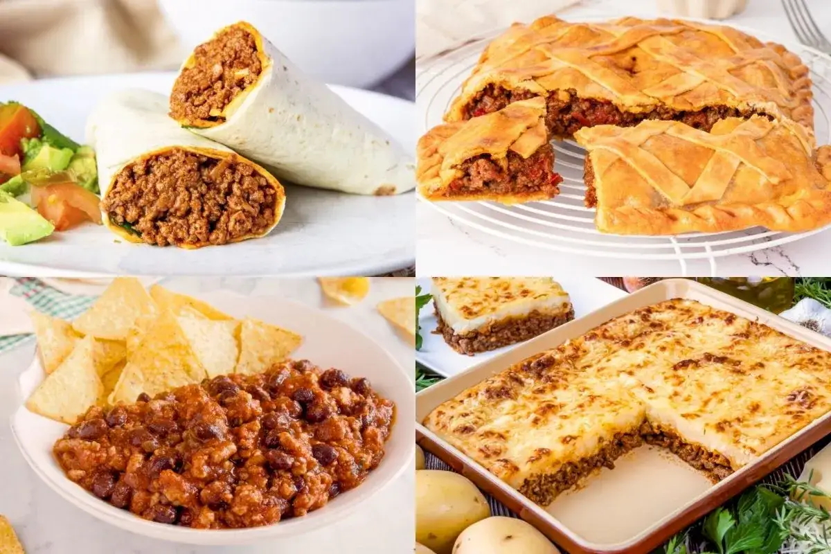 Cuatro platos deliciosos: burritos rellenos de carne picada, pastel salado, chili con carne y pastel de carne con puré de patatas.