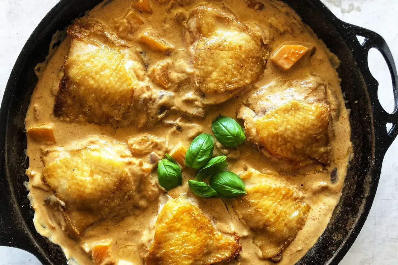 Sabroso pollo al curry cremoso con trozos de calabaza y hojas de albahaca fresca en una sartén de hierro fundido.