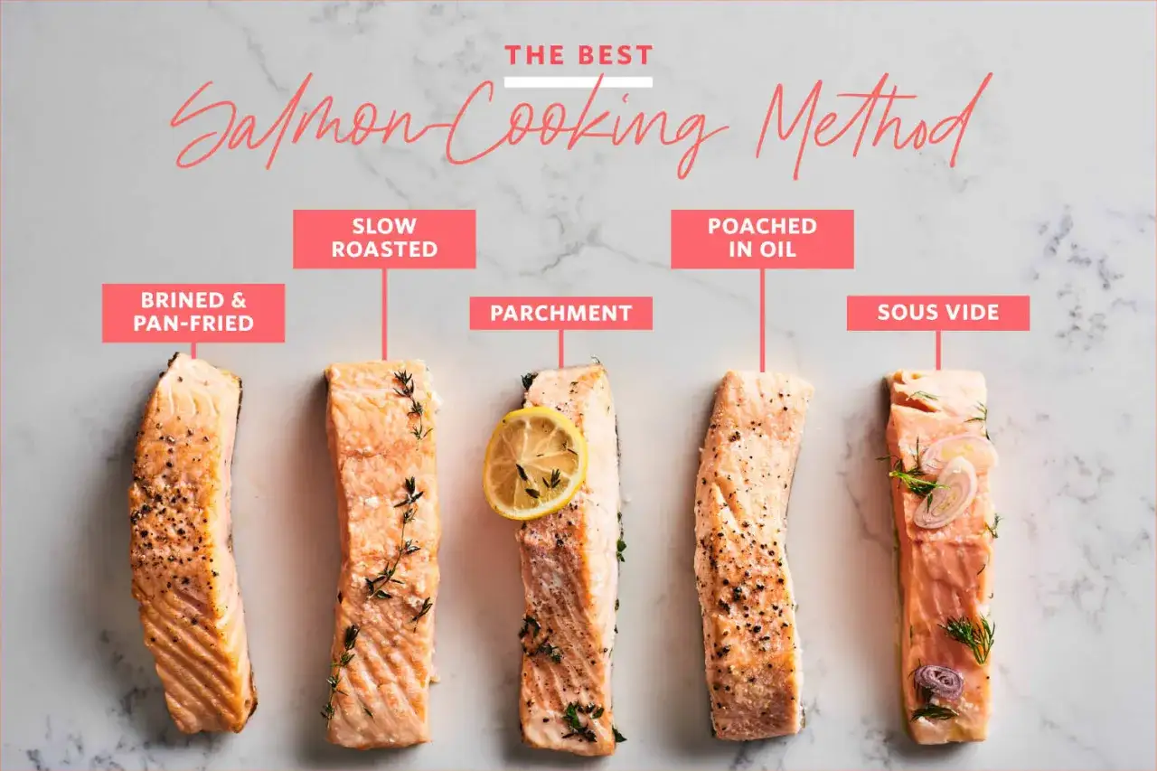 Cinco filetes de salmón preparados con diferentes métodos: braseado y a la sartén, asado lento, en papel, escalfado en aceite y sous vide. Ideas para tus recetas con salmón.