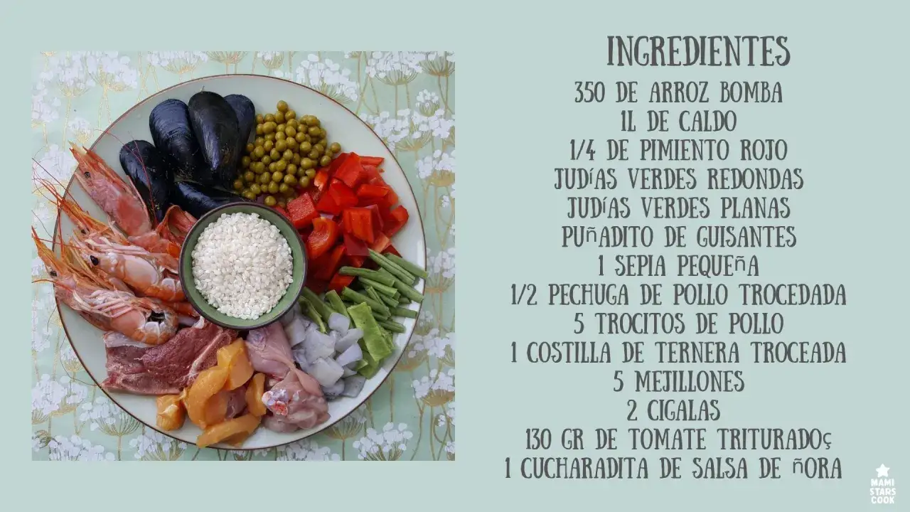 Ingredientes para una paella mixta: arroz, caldo, pimiento rojo, judías verdes, guisantes, sepia, pollo, ternera, mejillones y cigalas.